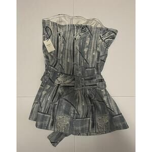 Forever 21 Premium Strapless Mini Dress XL Blue Multi Patchwork Distressed Jean